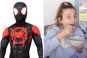 On the left, someone dressed as Miles Morales's Spider-Man, and on the right, Emma Chamberlain eating Pumpkin O's from Trader Joe's