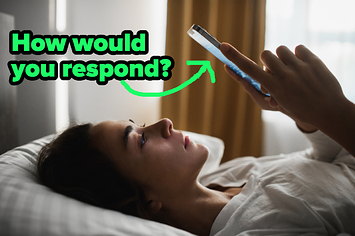 A woman laying in bed and looking at her phone with the text "how would you respond?"