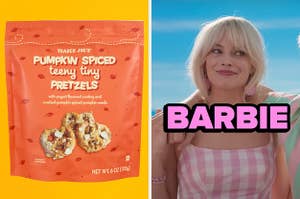 On the left, some pumpkin spiced teeny tiny pretzels from Trader Joe's, and on the right, Margot Robbie as Barbie