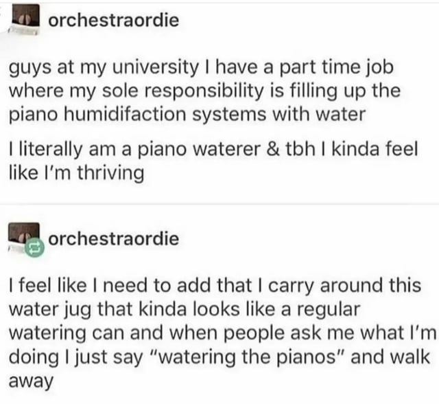&quot;I literally am a piano waterer &amp;amp; tbh I kinda feel like I&#x27;m thriving&quot;