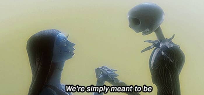The Nightmare Before Christmas GIF with Sally and Jack with caption, &quot;We&#x27;re simply meant to be&quot;