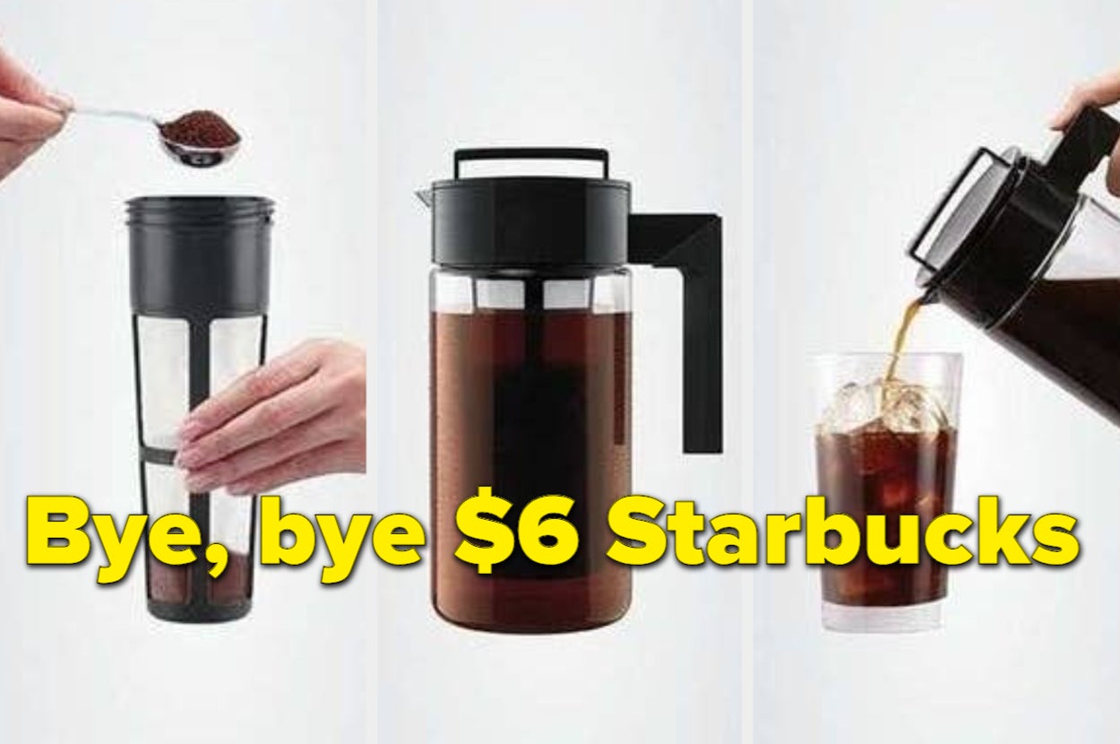 model adding coffee to a filter; a carafe of coffee; model pouring the coffee over ice