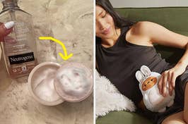 tool that turns cleanser into foam and model using plush heating pad that looks like a potato dressed as a bunny