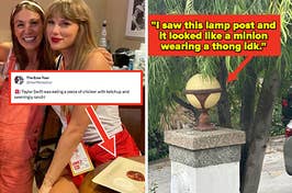 Taylor Swift with ketchup and seemingly ranch tweet with lamp post and caption "I saw this lamp post and it looked like a minion wearing a thong idk"
