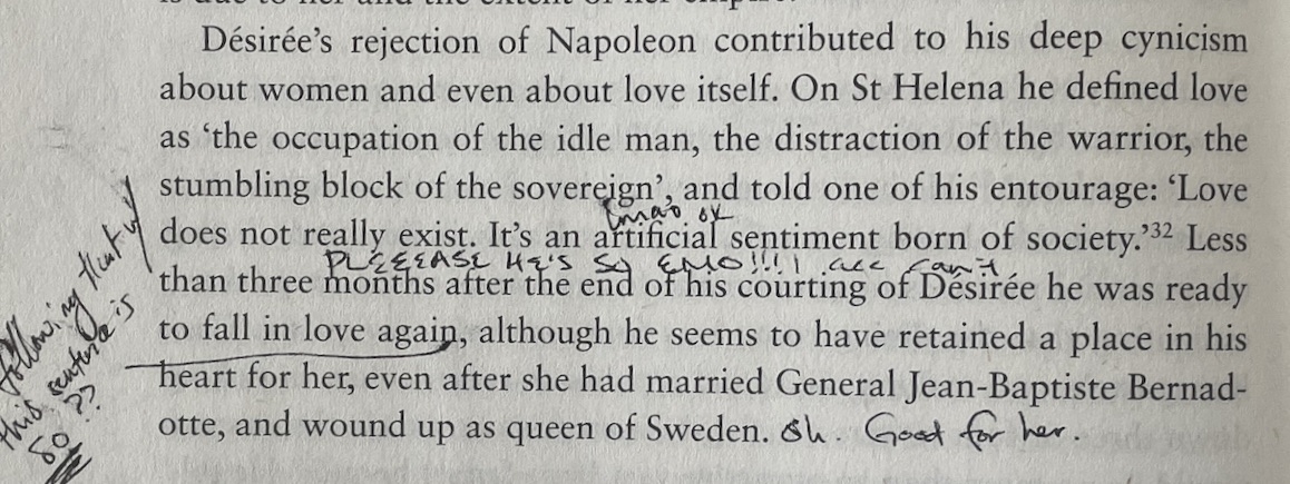 Annotated page from the book, including the line &quot;Love does not really exist; it&#x27;s an artificial sentiment born of society&quot; by Napoleon