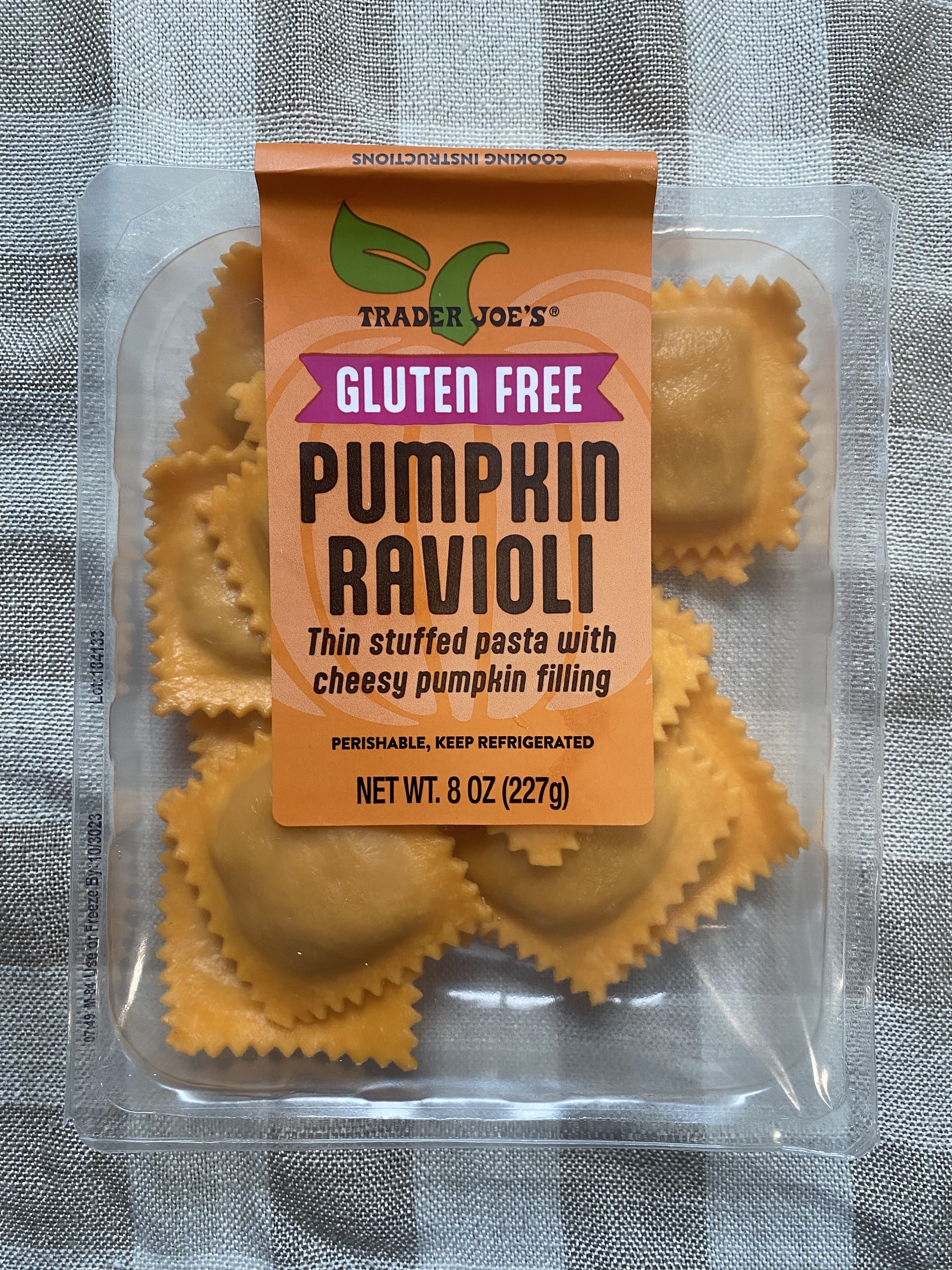 an unopened package of gluten free pumpkin ravioli