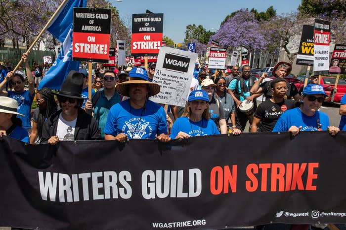People protesting and holding a banner that says &quot;Writers Guild On Strike&quot;