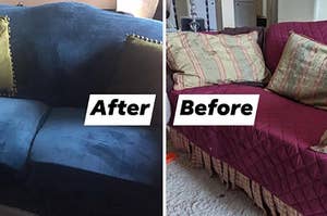 old couch recovered with blue velvet slipcover that makes it look like a whole new couch