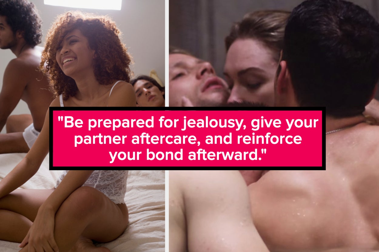 "Be prepared for jealousy, give your partner aftercare, and reinforce your bond afterward" over three happy people in bed, next to an orgy