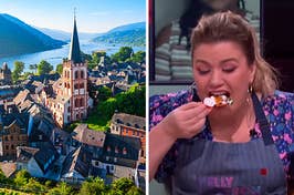 On the left, a picturesque German town, and on the right, Kelly Clarkson eating nachos