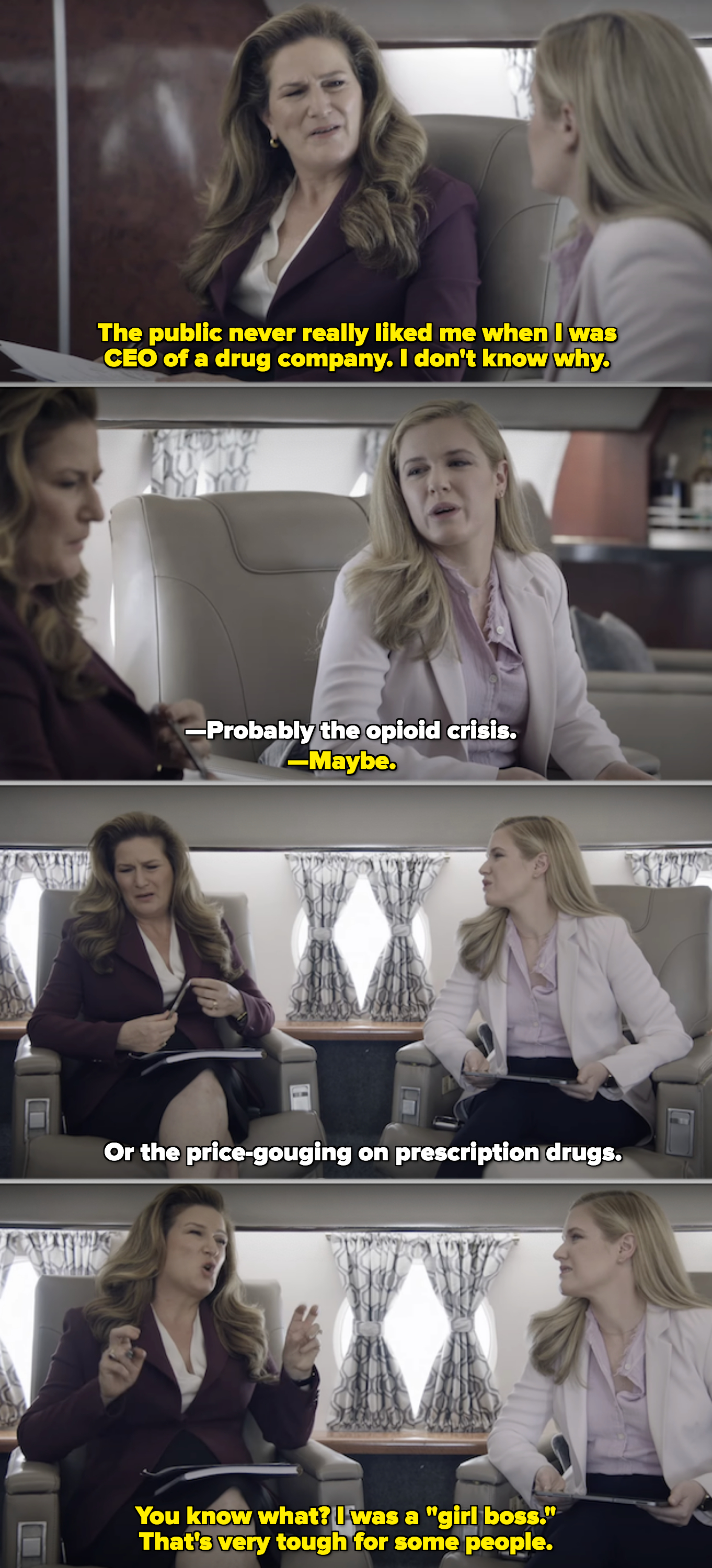 Ana Gasteyer and Harriet Dyer speaking on a private plane