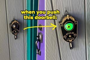 a haunted doorbell that opens its green eye when pushed