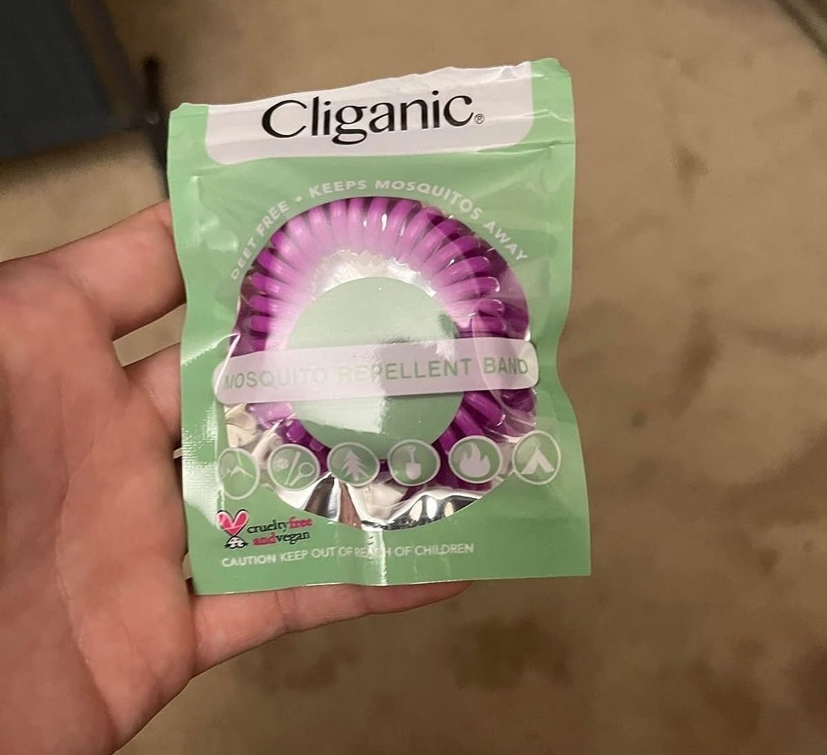 Reviewer’s photo of a package of mosquito repellent bracelet