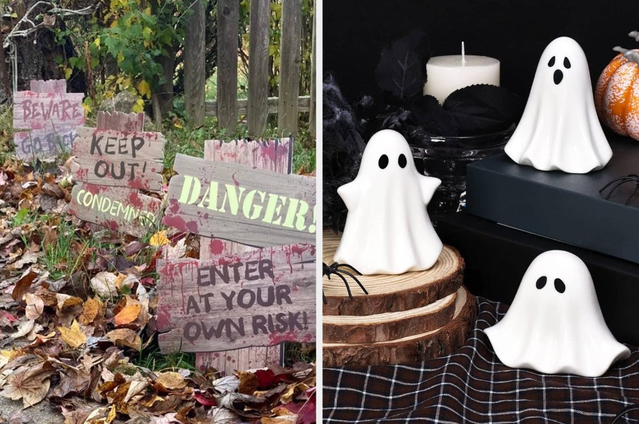 reviewer's three signs lining their driveway / three ceramic ghost decorations