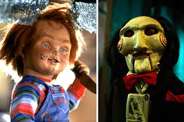 chucky from child's play on the left and jigsaw from saw on the right