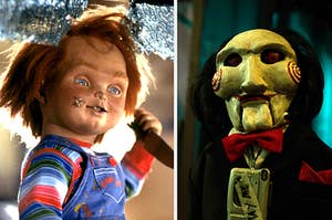 chucky from child's play on the left and jigsaw from saw on the right