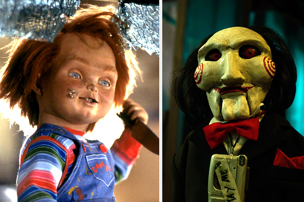 chucky from child's play on the left and jigsaw from saw on the right