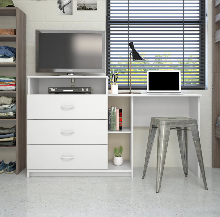 three-piece set of TV stand, dresser and desk in white