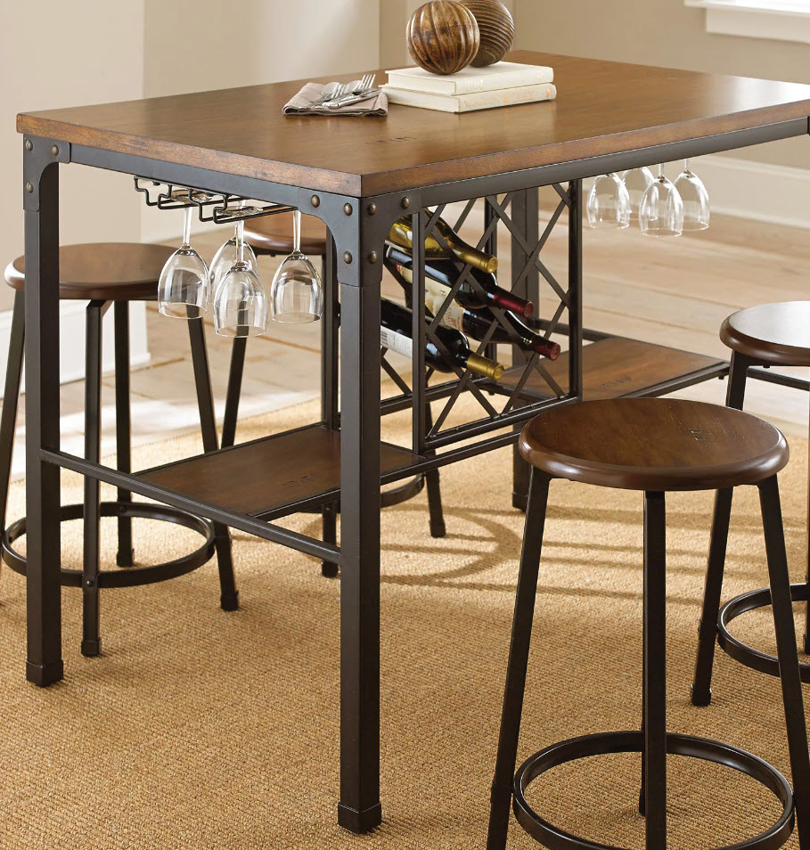 wooden dining table with four stools with included wine rack under tabletop
