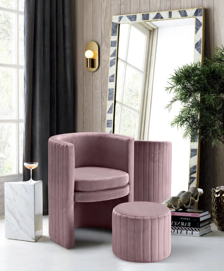pink velvet cylinder accent chair and matching ottoman