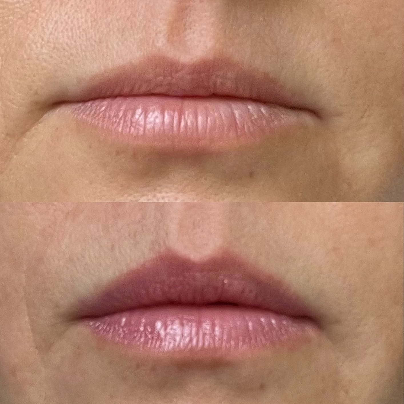 Reviewer’s photo of before and after of lip without lipstick and lip with lipstick