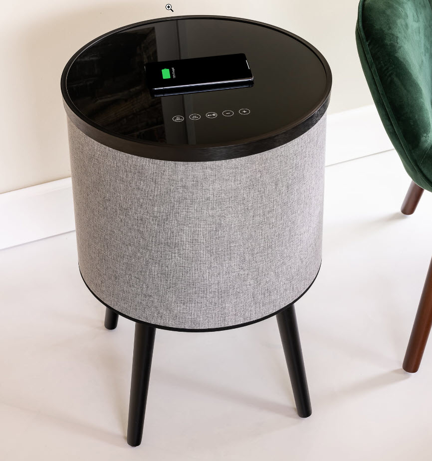 cylinder speaker table with phone charger