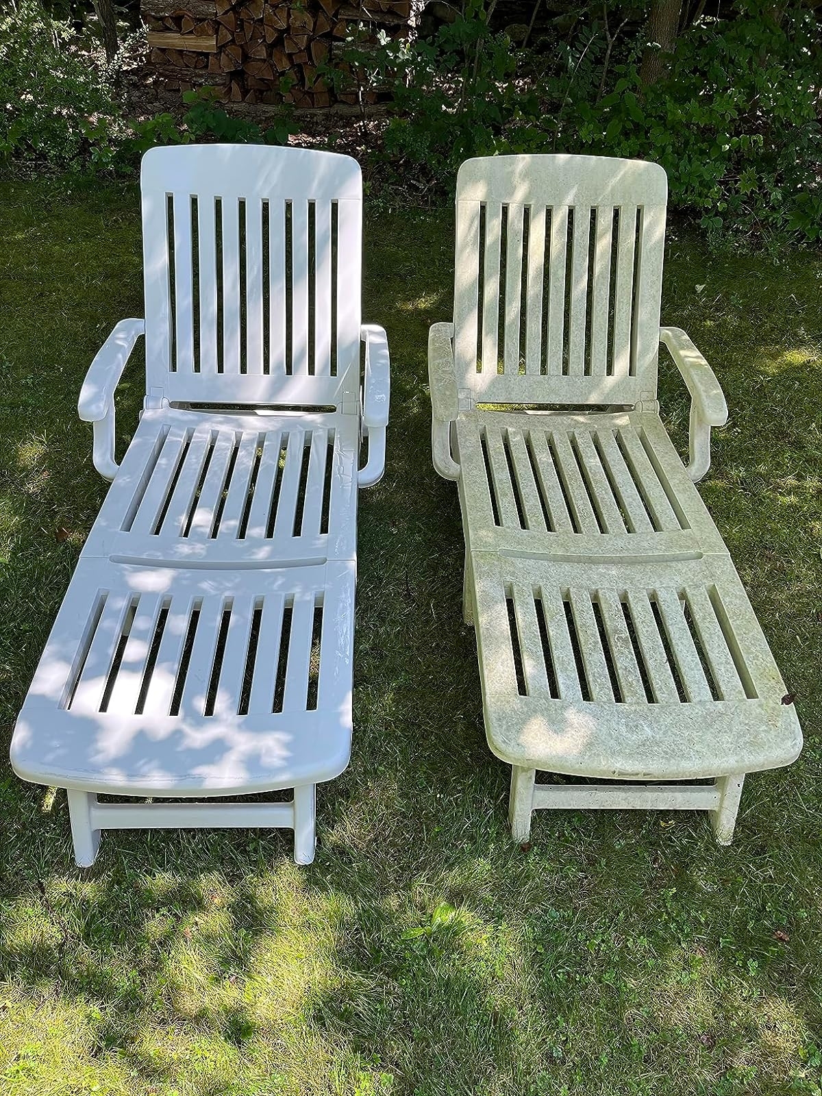 Reviewer image of two loungers, one cleaned with pressure washer and the other dirty