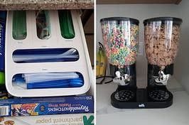 open drawer with plastic sandwich bag organizer, countertop cereal dispensers