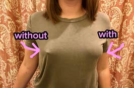 a reviewer wearing a nipple cover on one breast labeled "with" and not on the other, which is labeled "without: