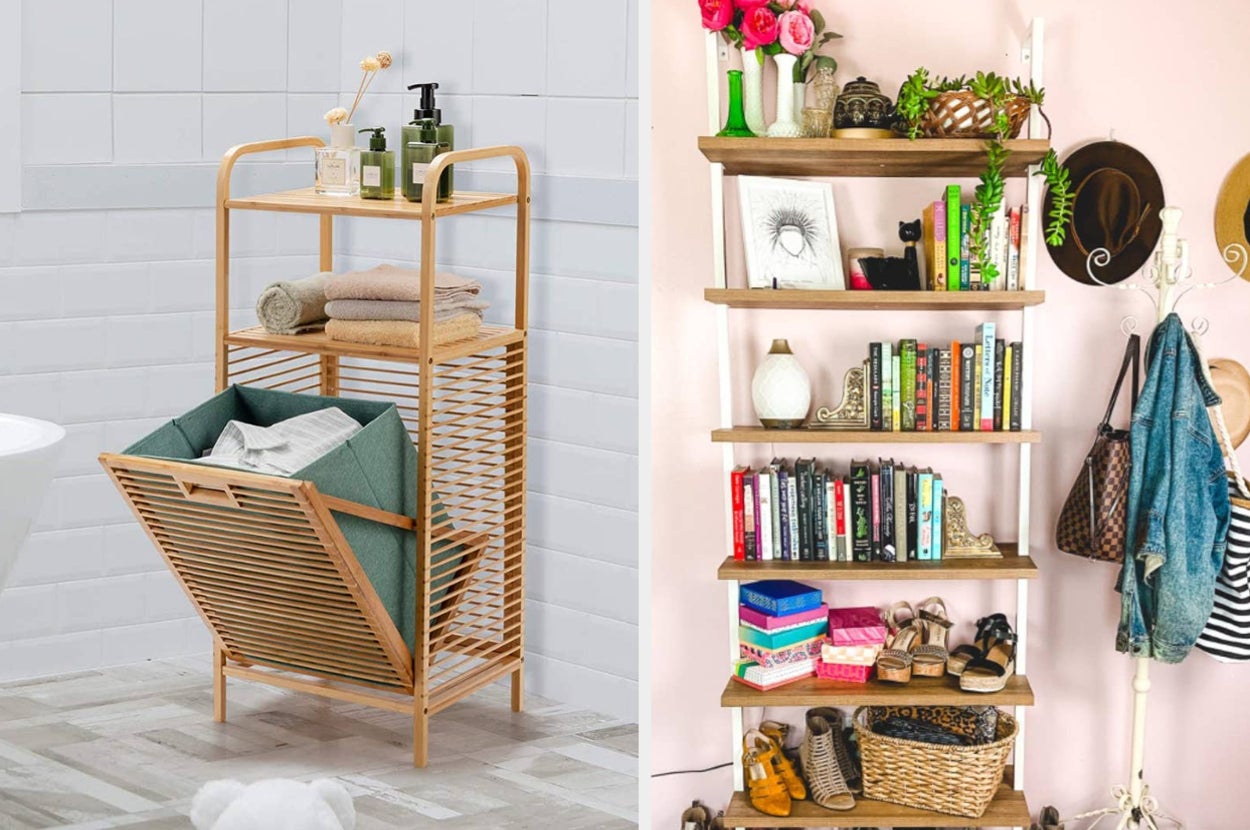 the bamboo storage shelf with open hamper compartment / reviewer's narrow bookshlelf