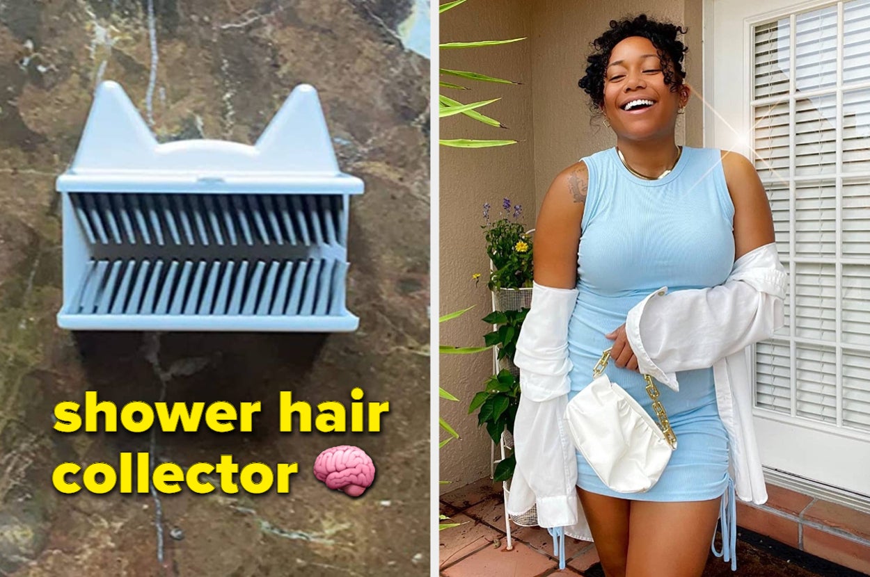 a shower hair collector; reviewer in a light blue bodycon dress