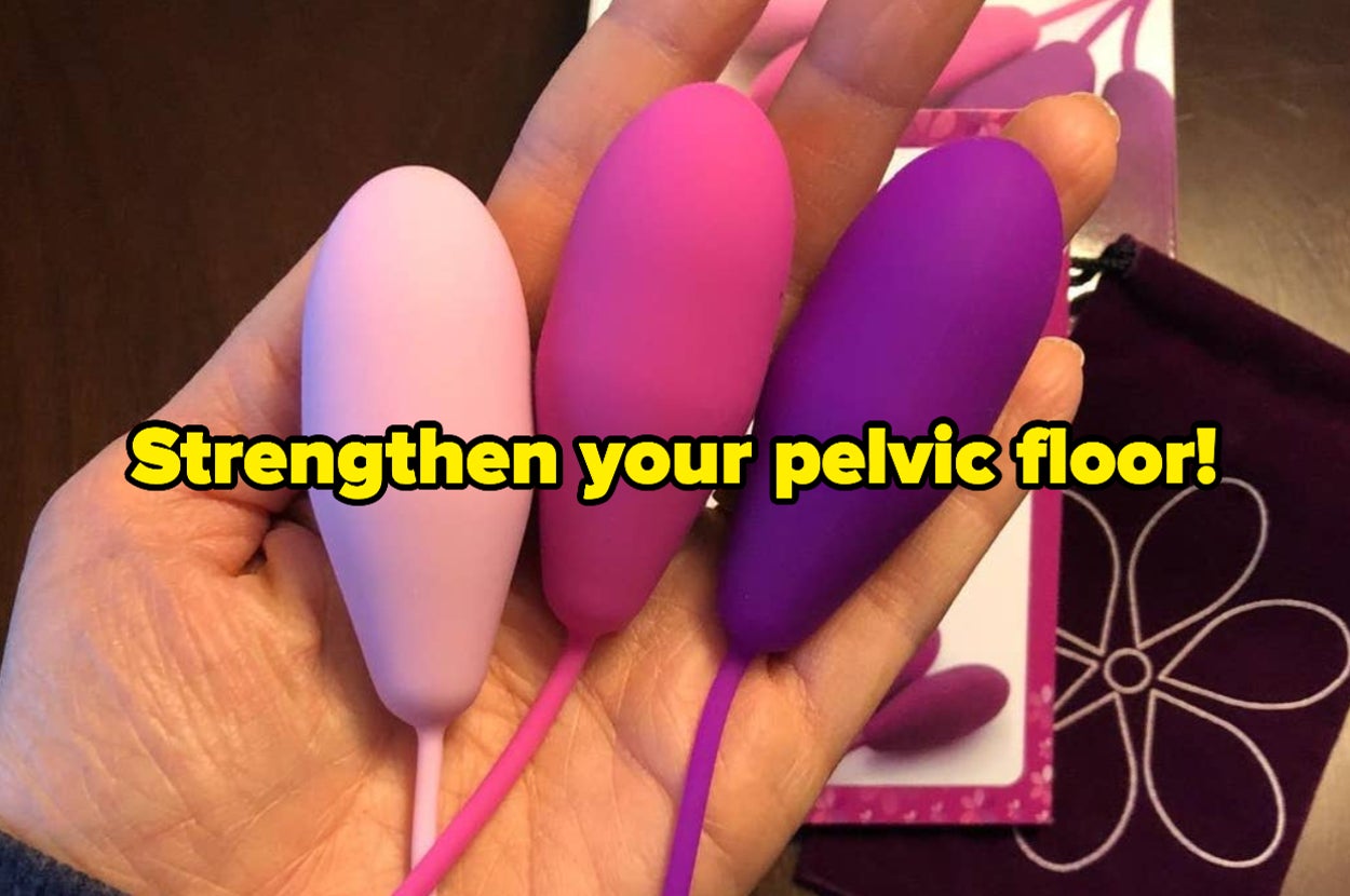 a hand holding three kegel weights and text that reads strengthen your pelvic floor