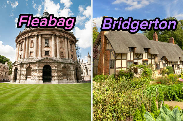 On the left, a library in Oxford labeled Fleabag, and on the right, Anne Hathaway's cottage in Stratford Upon Avon labeled Bridgerton