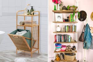 the bamboo storage shelf with open hamper compartment / reviewer's narrow bookshlelf