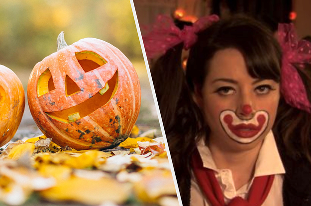 Jack-'o-lantern and Aubrey Plaza with a clown face.