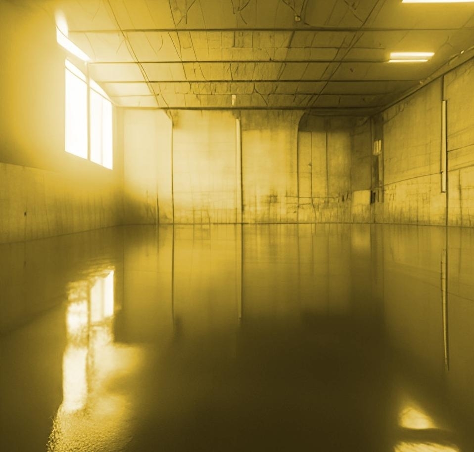 An abandoned building bathed in yellow light