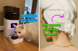 reviewers cat eating from automatic pet feeder and model with hair rolled into a towel secured with a strap