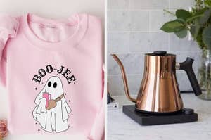 a pink sweatshirt that says "boo-jee" with a ghost holding a cup and wearing a fanny pack and a copper tea kettle