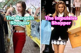 On the left, Emma Chamberlain giving a thumbs up in a thrift store labeled The Bargain Shopper, and on the right, Cher from Clueless holding shopping bags labeled The Impulsive Shopper