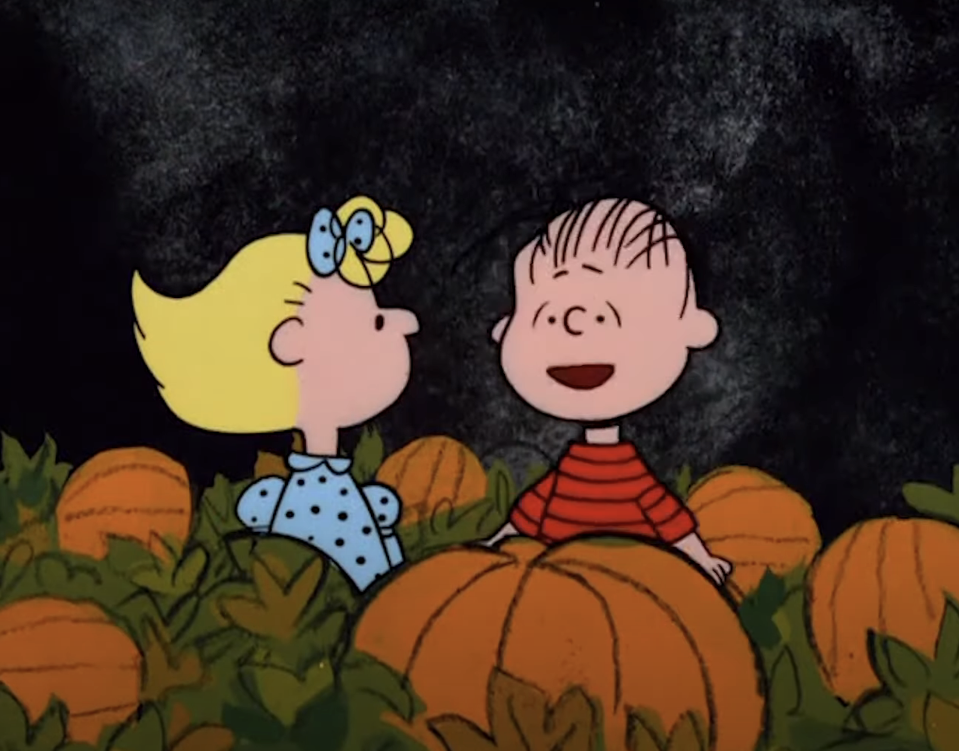 cartoon characters in a pumpkin patch