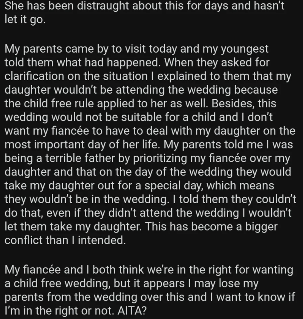 &quot;My fiancee and I both think we&#x27;re in the right for wanting a child free wedding&quot;