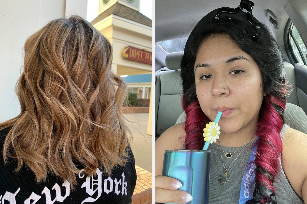 side by side photos of the back of a reviewer's curls and another reviewer wearing a heatless headband curling rod