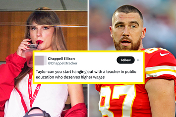 Taylor Swift and Travis Kelce with a tweet reading, "Taylor can you start hanging out with a teacher in public education who deserves higher wages"