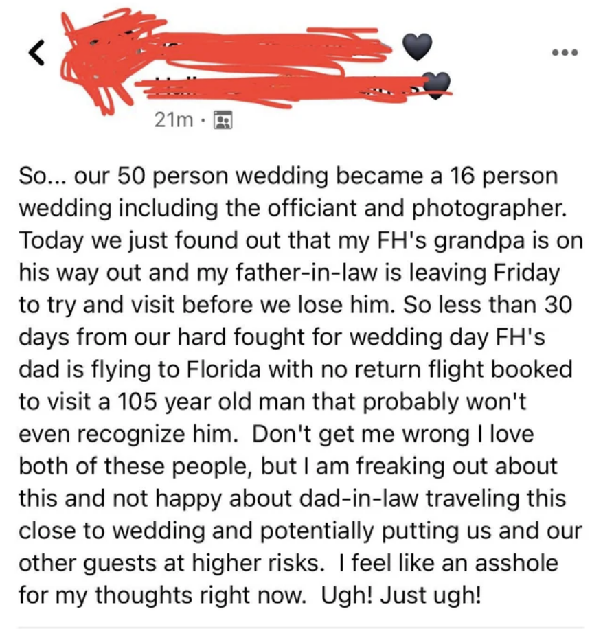 &quot;FH&#x27;s dad is flying to Florida with no return flight booked to visit a 105 year old man that probably won&#x27;t even recognize him.&quot;