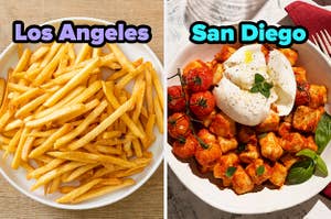 On the left, some fries labeled Los Angeles, and on the right, some gnocchi with marinara sauce and burrata labeled San Diego
