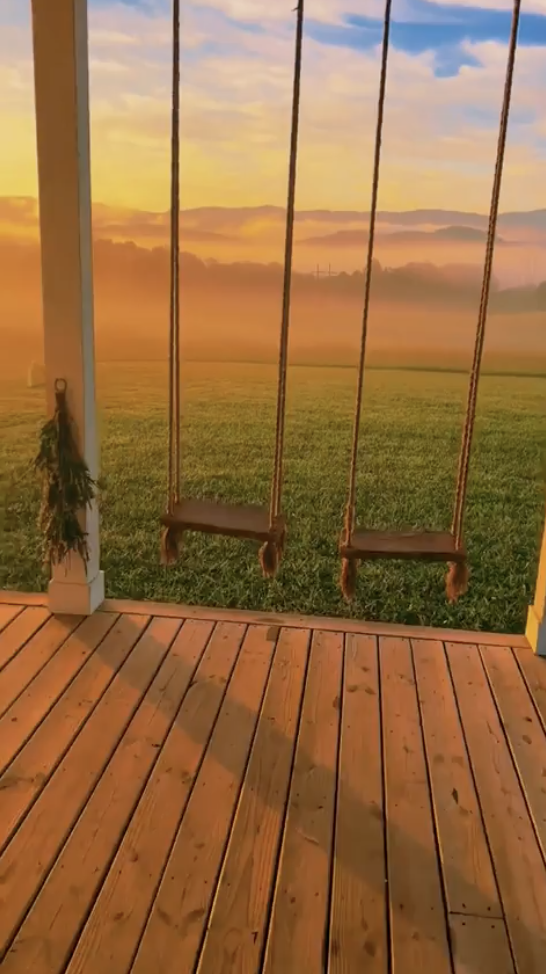A view from the porch of someone's farm with swings