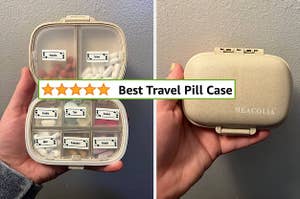 Reviewer holding their compact pill case open and filled with medications and then closed, with reviewer words reading "Best Travel Pill Case"