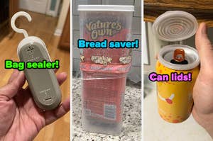 L: a reviewer holding a bag sealer and text reading "bag sealer", M: a reviewer photo of a bread container and text reading "bread saver!", R: a reviewer photo of a can with a lid and text reading "can lids!"