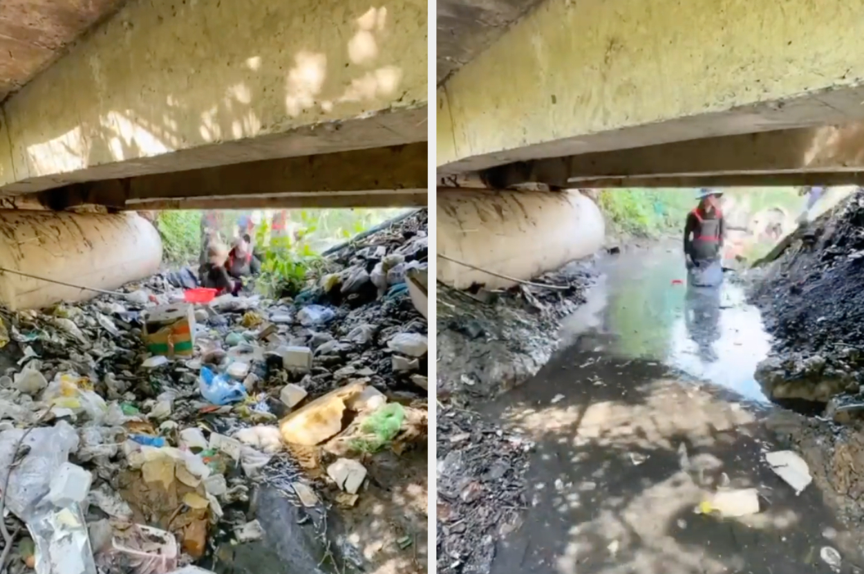 Side-by-side images of a creek before and after it was cleaned