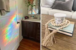 L: a reviewer photo of rainbows shining on a white door, R: a reviewer photo of a candle on a stack of ooks with a wood bead garland wrapped around it 